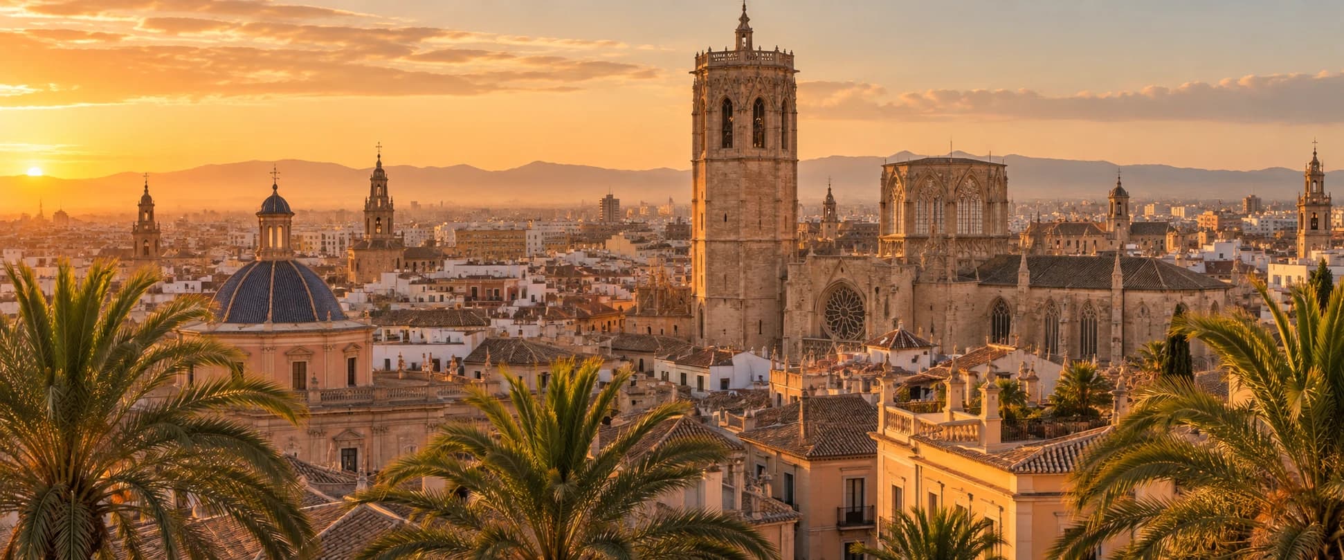 Panoramic view of Valencia Cathedral and the historic old town rooftops at sunset